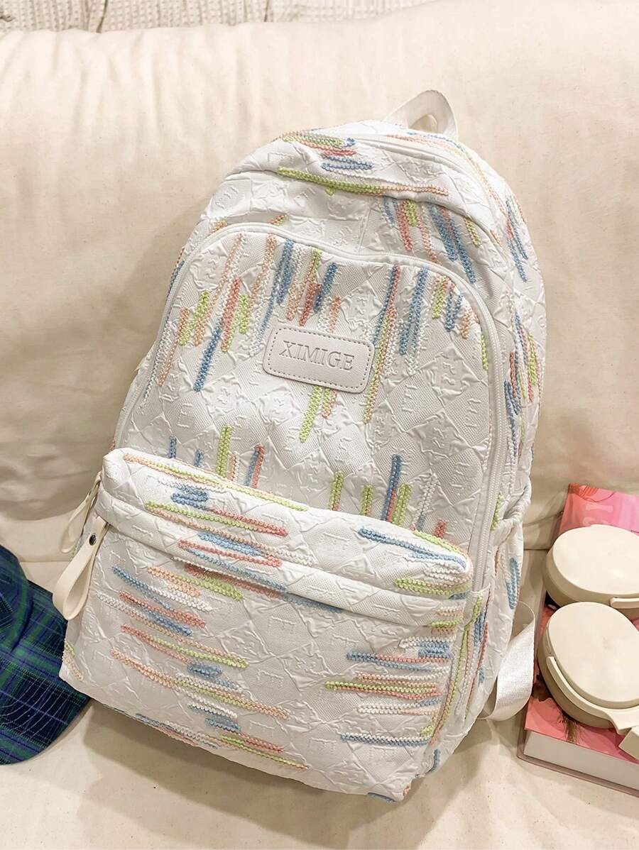 Mochila Funcional Feminina com Estampa Listrada em Cores Contrastantes, Grande Capacidade de Armazenamento para Livros, Tablets, Alças de Ombro Ajustáveis, Adequado para Estudantes, Viagens, Férias