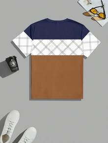 Camiseta de manga corta con cuello redondo casual de color block talla grande para hombres, nueva para el verano