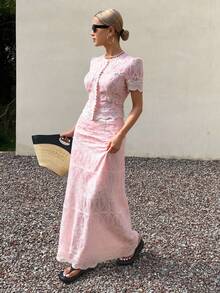 Livesso 2件套女士夏季蕾丝拼布短袖衬衫和裙子套装 - 粉色 - 查看 1