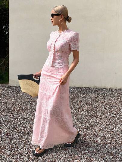 Livesso 2pcs/Set Women Summer Lace Patchwork Short Sleeve Blouse And Skirt Set