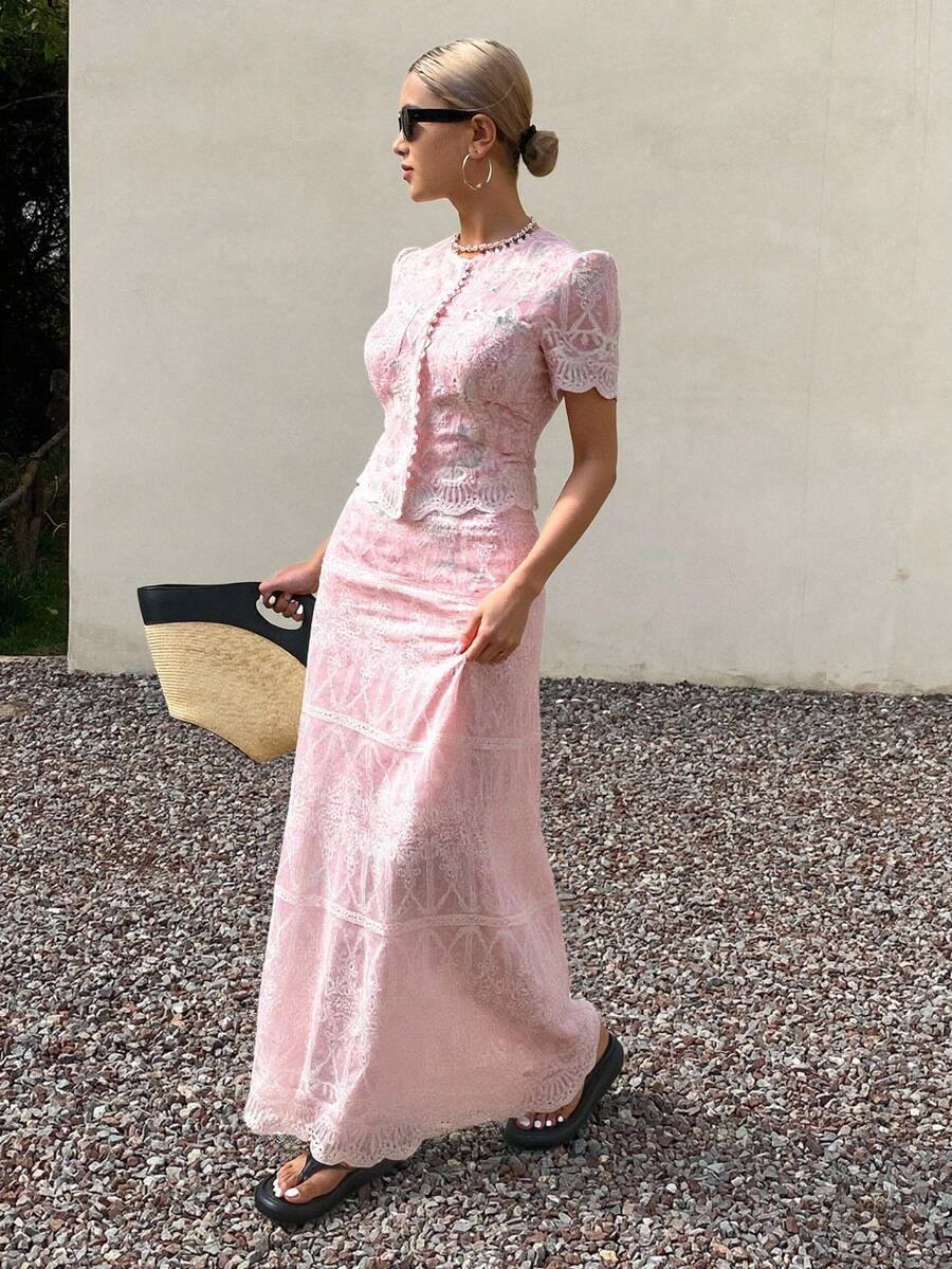 Livesso 2件套女士夏季蕾丝拼布短袖衬衫和裙子套装 - 粉色 - 查看 1