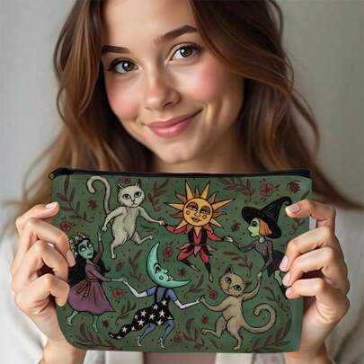 Enchanting Forest Night Makeup Bag – Dark Green Witch, Cat, And Moon Design, Multi-Functional Zipper Bag For Cosmetics Or Snacks, Perfect Gift For Sisters, Students, And Women | Durable Zipper Closure, Celestial Art Travel Organizer Bag
