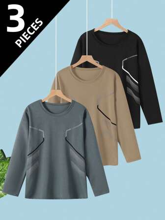 3 件青少年男童运动长袖 T 恤，春/秋/冬户外跑步上衣，网眼面料，适合 13-18 岁
