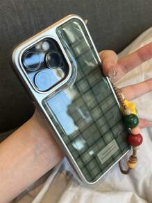 Einfacher retro-grüner Karodesign Handyhülle mit 3D-Stern-Handschlaufe, Silberrandschutz, kompatibel mit iPhone 16 15 14 13 12 11 Plus Pro Max, stilvolles glänzendes Epoxy INS Soft Back Cover
