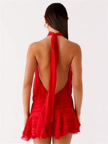 Women's Pleated Waist Sheer Mesh Ruffle Mini Dress Summer Casual Halter Neck High Neck Bodycon Short Dress Self-Tie Backless Sundress Party Clubwear - Đỏ - Xem 6