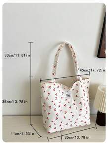 Borsa a secchiello ampia a tracolla con stampa di ciliegie, semplice, adatta a studenti e ragazze, borsa a tracolla per la scuola