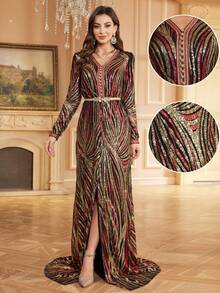 Women's V-Neck Long Sleeve Sequin Zebra Print Elegant Party Dress With Detachable Belt