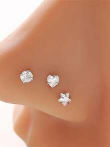 3 件鼻环耳钉，20G L 形鼻环，圆形/星形/心形闪亮 CZ 鼻孔穿孔饰品，男女皆宜 - 3件鼻釘套裝 - 查看 4