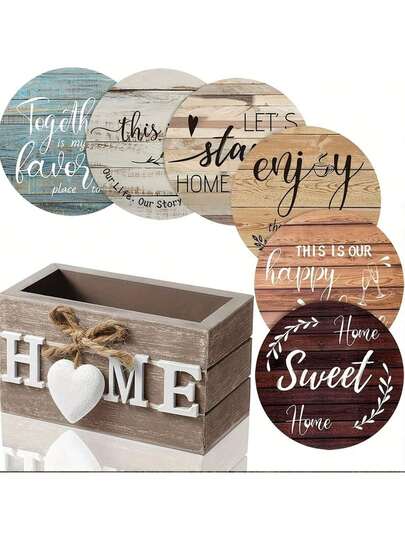6pcs Farmhouse Style Coasters Set, [No Box] Inspirational Quotes Printed, Made Of Wood, Hand Washable, Suitable For Home, Living Room, Study, Kitchen Decor, Perfect Gifts For Coffee Lovers, Housewarming - Applicable For Occasions: Christmas, Etc.