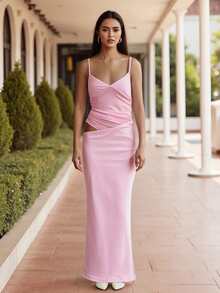 Women's Bodycon Cami Dress Solid Color Sheer Mesh Cutout Sleeveless Spaghetti Strap Long Dress - Hồng - Xem 5