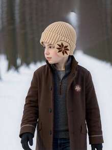 1件装雪花图案儿童护耳帽围巾套装，针织，保暖内衬，加厚，适合冬季户外骑行