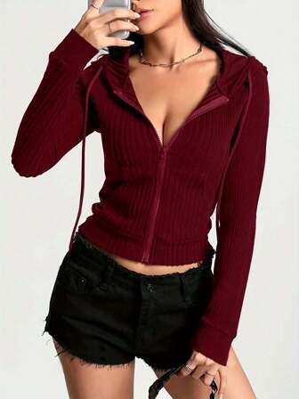 Casual, Cute Solid-Color Ribbed Long-Sleeve Zip-Up Hoodie With Pockets And A Hat, Suitable For Outings And Commuting, For European And American Ladies.