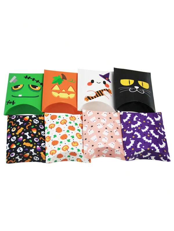 Set de 24 cajas de almohada de Halloween creativas y elegantes, cajas de papel para dulces y comida con diseños de calabaza, fantasma, murciélago y momia (estilo aleatorio)