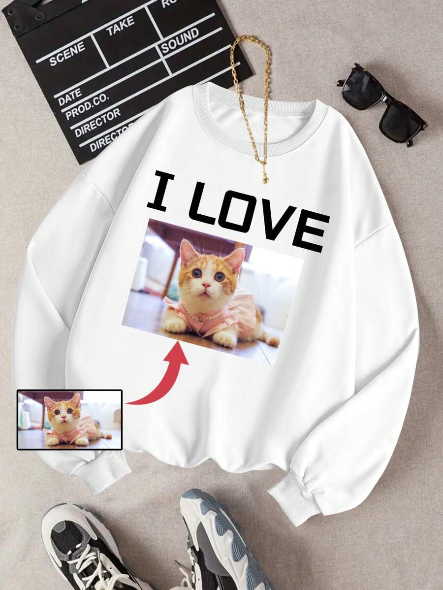 Custom Plus Size Women's Sweatshirt - DIY Personalized Photo Print, Cozy Thermal Lined Long Sleeve Lounge Top For Fall/Winter