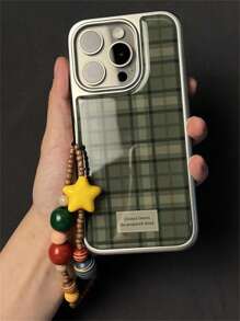 Einfacher retro-grüner Karodesign Handyhülle mit 3D-Stern-Handschlaufe, Silberrandschutz, kompatibel mit iPhone 16 15 14 13 12 11 Plus Pro Max, stilvolles glänzendes Epoxy INS Soft Back Cover