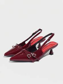 女式尖头细高跟露跟漆皮低鞋面夏季透气春秋工作鞋，带后绑带、双绑带和带扣细节