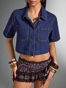 Jeanoix 女士牛仔夹克和外套，休闲简约风格，适合日常穿着 - 深色水洗藍 - 查看 1