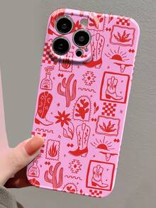 1pc Western Cowboy Cowgirl Boot Cactus, Tequila Bottle, Flower Pattern Perforated Glossy Faux Leather Full Cover Hard Case Compatible With IPhone 11/12/13/14/15/16 Pro Max Waterproof Shockproof Anti-Fall Scratch Resistant - Multicolor - View 2