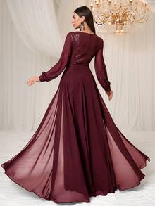 Elisanya Damen formales, elegantes und luxuriöses Chiffonkleid mit Pailletten und Langarm für Bankette