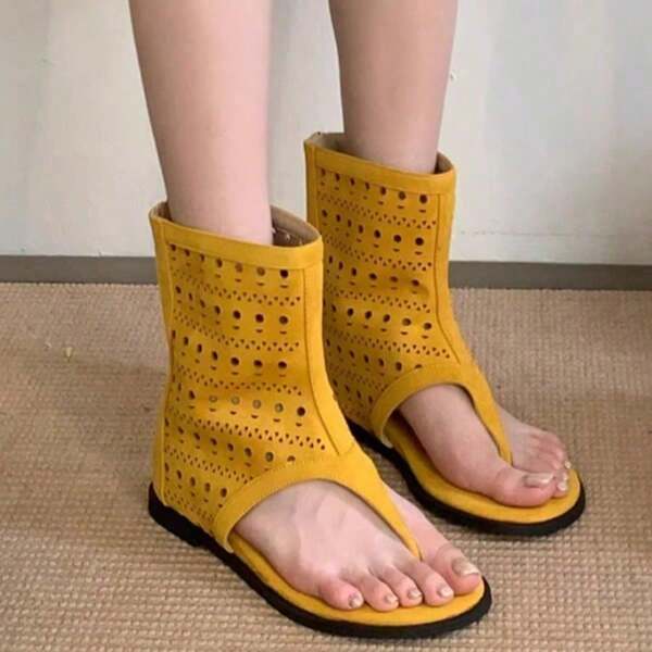 Maillard-Stiefel im britischen Stil, hohle, atmungsaktive flache Sohlen, perforierte Sandalen, kurze Stiefel