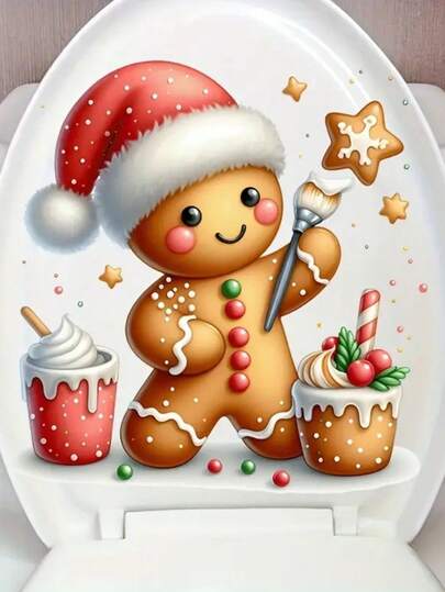 1pc Christmas Gingerbread Man Toilet Sticker, Holiday Bathroom Wall Decor, Self-Adhesive Plastic, Square Semi-Gloss, Reusable Holiday Decoration