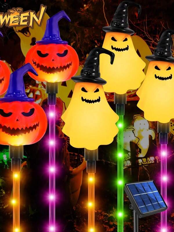 6 stuks Halloween zonne-energie paalverlichting, Halloween decoratie buiten zonne-energie pompoen spook tuin paalverlichting waterdicht voor buiten patio tuin graf gazon veranda decoratie (1/5/6 stuks) Halloween decoratie licht huisdecoratie feestdecoratie Halloween decoratie kamerdecoratie Halloween tuindecoratie voor cadeau fee