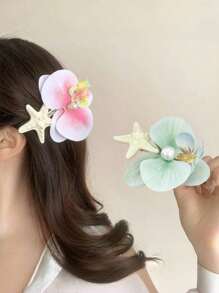 1 pièce/2 pièces Pinces à cheveux florales pour femmes, style romantique d'île tropicale de plage avec hibiscus et étoile de mer, épingle à cheveux pour les vacances d'été, accessoire capillaire, voyage, pinces à griffes, barrettes, pinces à cheveux