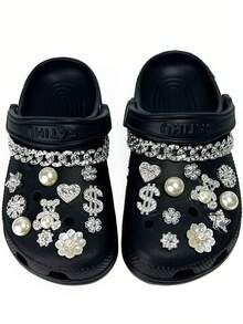 24pcs/Set Shiny Hole Shoe Charms - Teddy Bear, Pearl, Dollar Sign & Crystal Decorations, Fashionable Shoe Charm Accessories - Silver - View 1