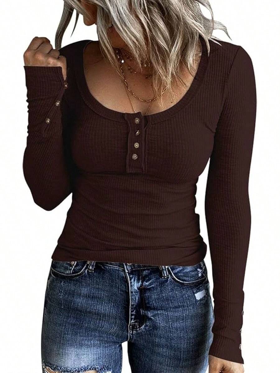 Women's Long Sleeve Henley T Shirts Button Down Slim Fit Tops Scoop Neck Ribbed Knit Shirts/Vacation Outfits Women/Valentine Outfits For Women - 巧克力 - 查看 1