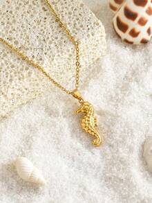 3 件套时尚不锈钢项链套装 - 海星/海马/海龟吊坠，适合日常佩戴、节日、度假、约会、派对、节日礼物 - 金黃色 - 查看 4