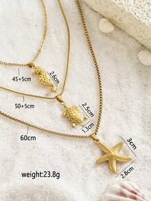 3 件套时尚不锈钢项链套装 - 海星/海马/海龟吊坠，适合日常佩戴、节日、度假、约会、派对、节日礼物 - 金黃色 - 查看 6