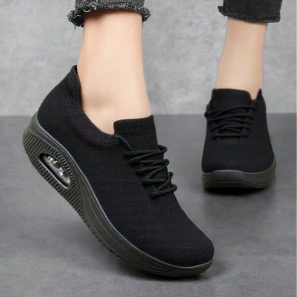 Women's Knitted All Black Casual Breathable Air-Cushion Retro Sneakers, Slip-On Sock Shoes