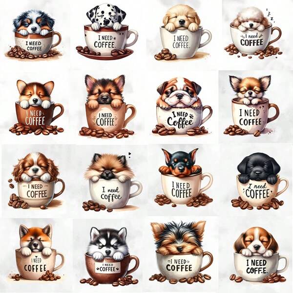 16pcs Cute Puppy Pattern UV DTF Transfer Paper, Waterproof, Scratch Resistant, Self-Adhesive PVC Decal, Suitable For Mugs, Ceramic Cups, Glass Cups, Metal Cups, Laptop And Mobile Phone Cases, DIY Packaging