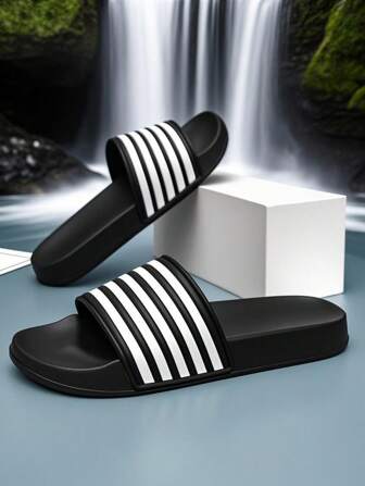 2025春夏新款超轻透气露趾女士拖鞋，5条纹加大码拖鞋（37-48码），浴室防滑拖鞋，户外沙滩凉鞋，室内拖鞋，阿拉伯风格拖鞋，防滑，黑白