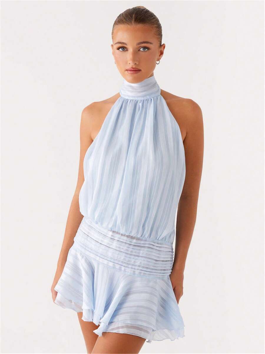 Women's Pleated Waist Sheer Mesh Ruffle Mini Dress Summer Casual Halter Neck High Neck Bodycon Short Dress Self-Tie Backless Sundress Party Clubwear - 藍色 - 查看 1