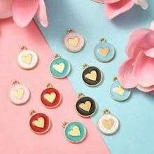 50pcs Assorted Double-Sided Oil Dripping Heart-Shaped Alloy Round Charms, Suitable For Women's Necklace, Earrings, Hair Accessories, Pendant DIY, Heart-Shaped Jewelry, Couples Pendant, Gift For Friends Holiday - Multicolor - View 5