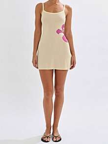Women's Crochet Knit Floral Mini Cami Dress Sleeveless Open Back Spaghetti Strap Y2K Summer Beach Dress - Vàng-1 - Xem 4
