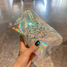 1pc Rhinestone Decor Holographic PU Makeup Bag, Portable Colorful Square Large Capacity Cosmetic Pouch, Women's Organizer Bag, Makeup Tool Storage, Beauty Accessories, Crystals Decor, Wedding Birthday Party Holiday Gift, Christmas, Halloween,Christmas Gifts,Pouch,Travel,Gifts For Women Travel Essential,Pouch,Clutch / Small Handbag, Makeup Organizer,Makeup Organize,Pouch,Brush Holder,Mini Pouch,Large Capacity Pouch