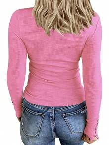 Women's Long Sleeve Henley Shirts Button Down Tops Scoop Neck Ribbed Knit Shirts - Hot Pink - View 2
