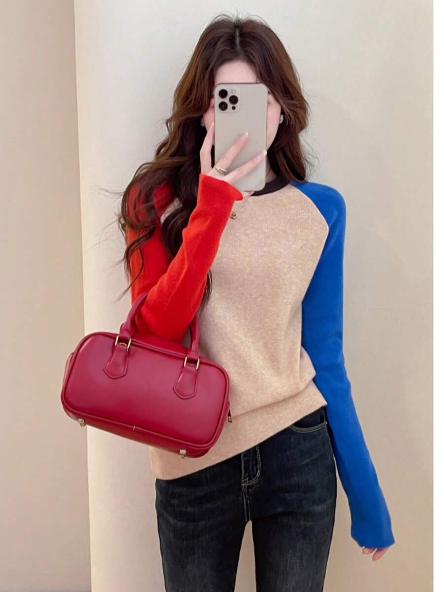 时尚拼色设计圆领插肩袖长袖套头衫，长袖上衣 - 彩色 - 查看 1