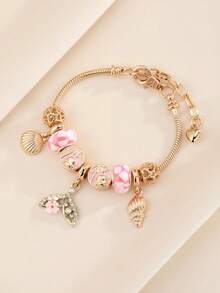 1件极简时尚水钻镂空心形、三叶草、粉色花朵、蜜蜂吊坠手链，适合青少年日常佩戴的时尚饰品