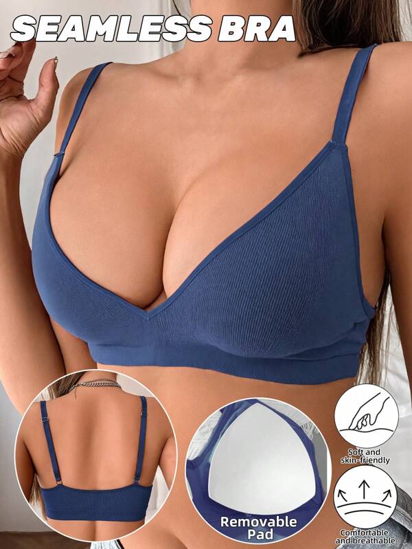 Sujetador push up sin costuras para mujeres, sujetador deportivo inalámbrico con espalda atractiva, sujetador sin aros de punto acanalado con relleno, ropa interior en unicolor con tirantes ajustables, sujetador básico cómodo y transpirable