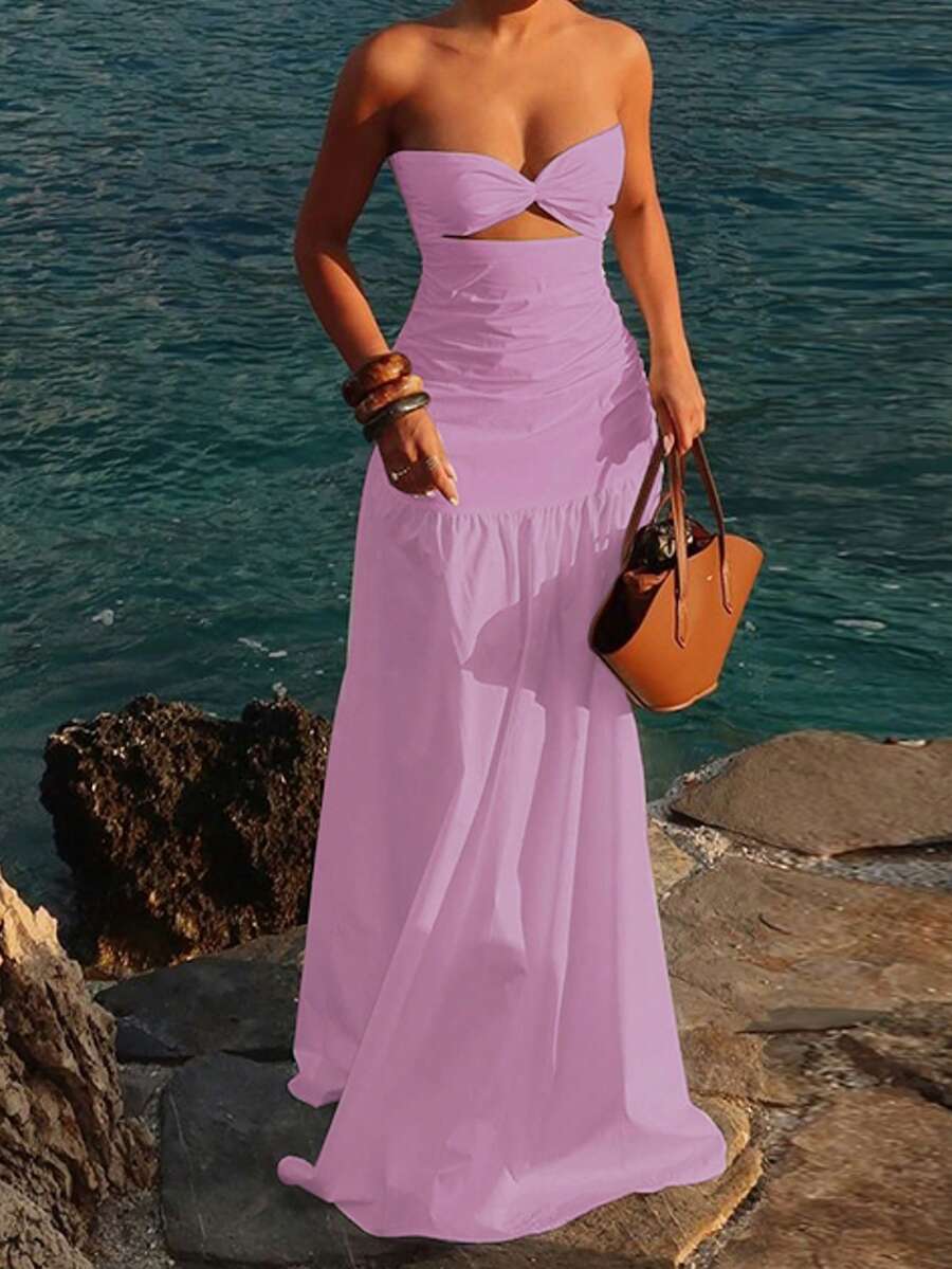 Vestido de vacaciones de línea A sin tirantes y calado, sexy y casual, para primavera/verano