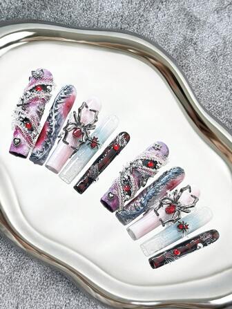 56mm Unghie finte quadrate extra lunghe fatte a mano con punte multicolore, accessori in acciaio e strass, merletto, ragno, design con sfumature ombre dipinte a mano e modelli colorati 3D - Unghie finte artificiali coprenti completamente, 10 pezzi per confezione