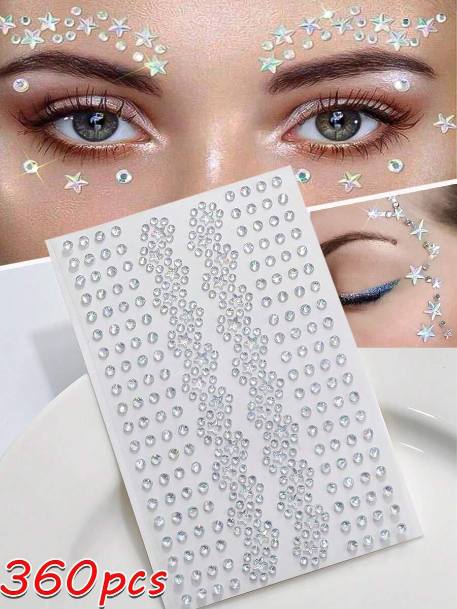 360 件 3D 闪光脸星圆形钻脸贴纸，360 件 1 张脸部宝石闪亮闪光装饰，适合开学季/日常派对/音乐节化妆舞会 DIY，360 件闪亮水钻宝石脸贴纸可贴于头发、眼睛、脸部、身体 - 彩色 - 查看 1