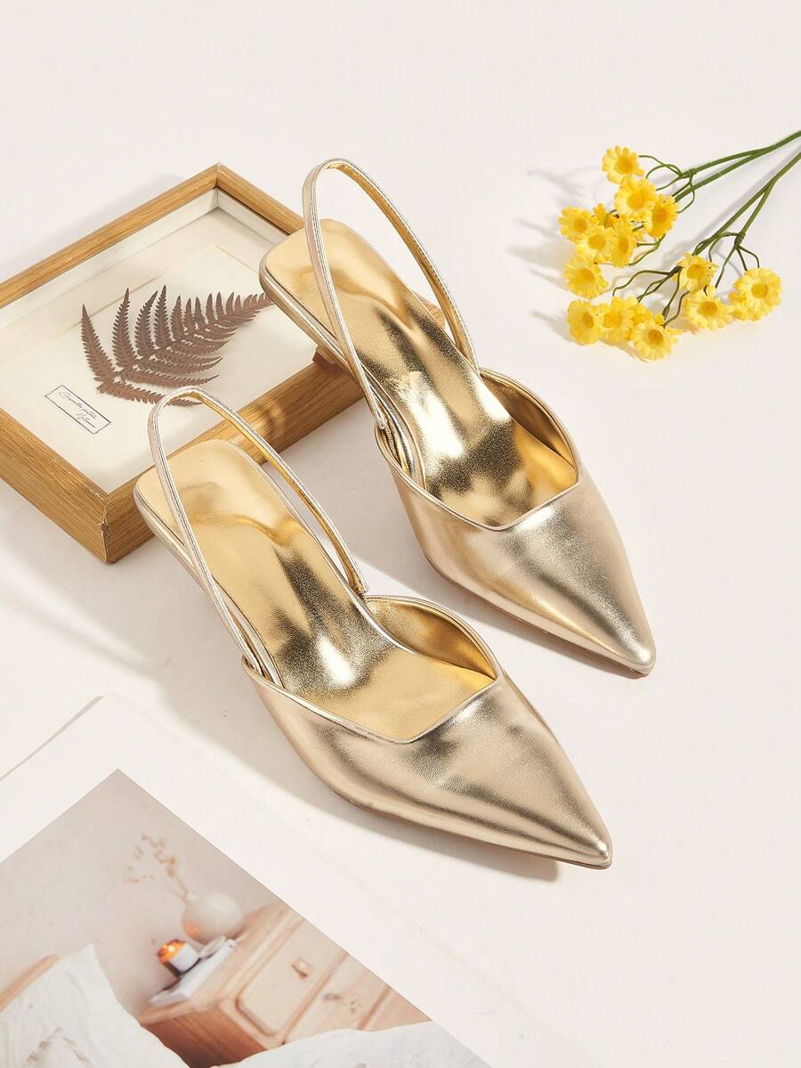 Giày cao gót hở mũi bằng da trơn màu cho nữ, giày cao gót mũi nhọn thanh lịch, giày cao gót quai mảnh thời trang, giày trang trọng cho tiệc tùng và đám cưới - Vàng - Xem 1