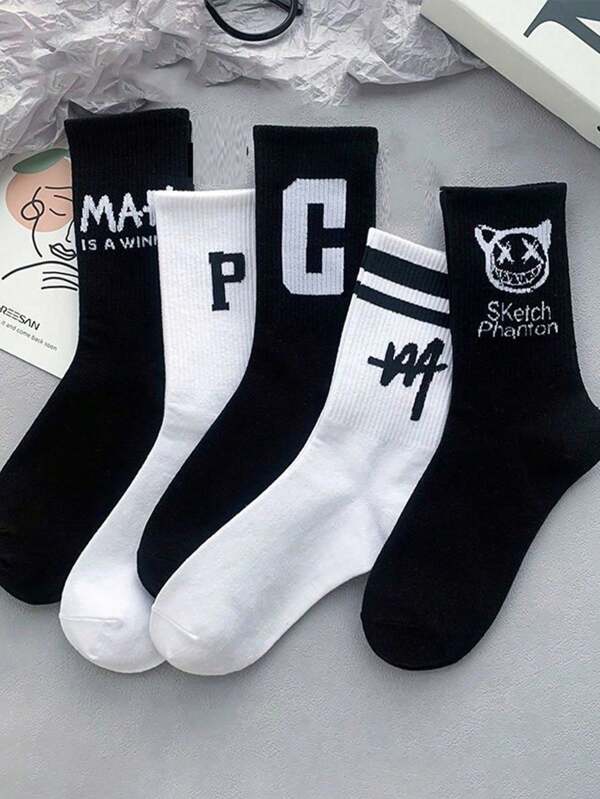 5 Pairs Women Comfy Personalized Black & White Letter And Ghost Print Mid-Calf Socks