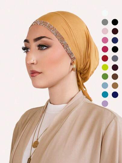 1 pieza Diadema de mujer de unicolor con rhinestones, pañuelo musulmán con diseño cruzado en la parte delantera, forro de modal suave, fácil de usar