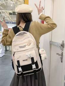SLIN&LXZQ Zaino classico con grafica a lettere, decorato con ciondoli a tema cartone animato e badge stile college, adatto per la scuola