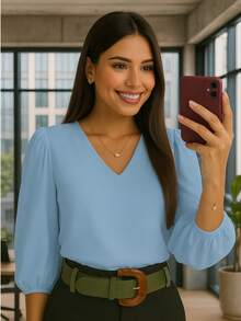 Women's Crepe Duna Blouse With 3/4 Puff Sleeve Plus Size And Slim - Màu xanh nhạt - Xem 4